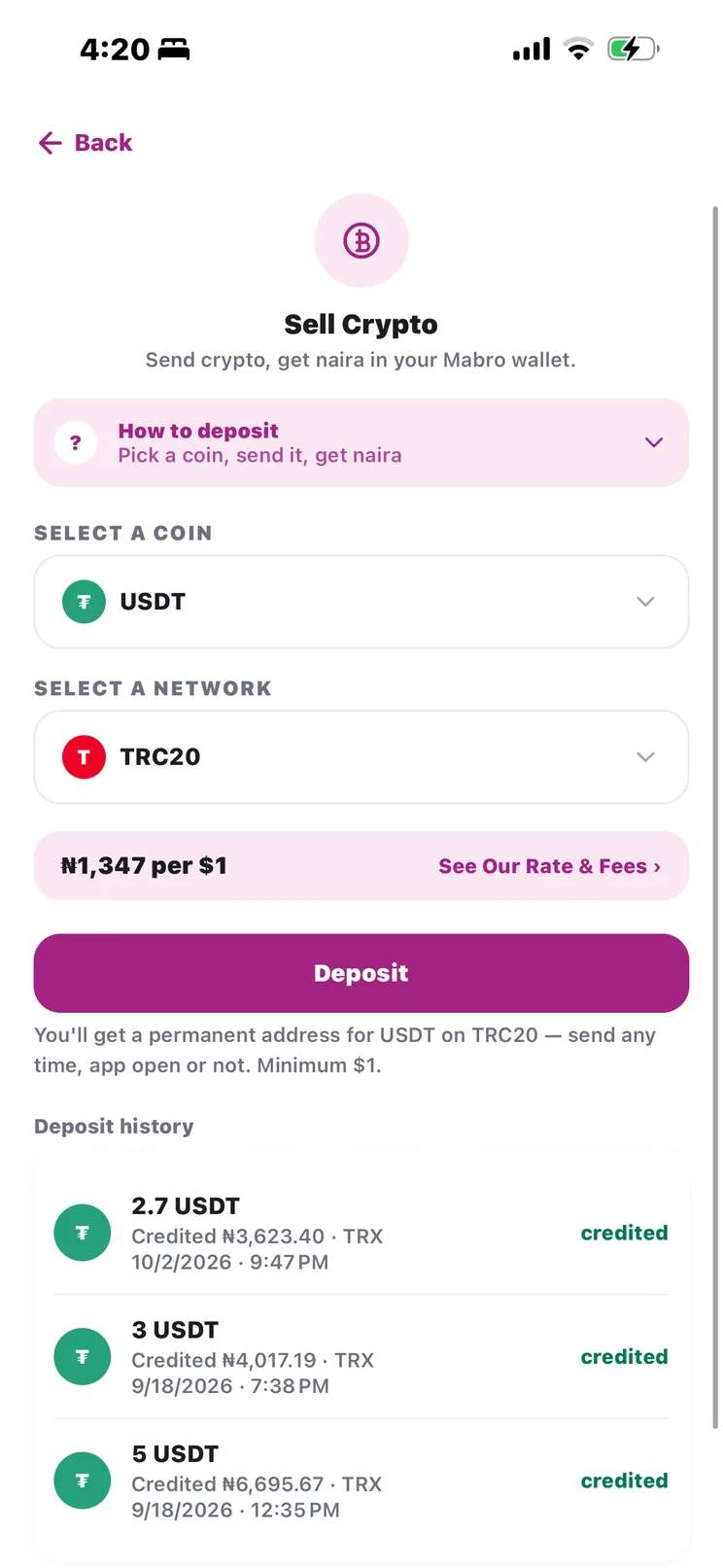 The Mabro app's crypto screen, showing coins ready to sell