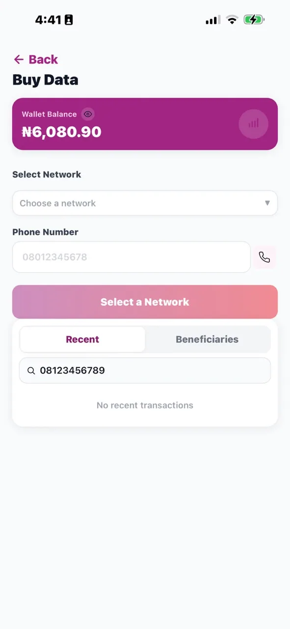 The Mabro app's data bundle screen