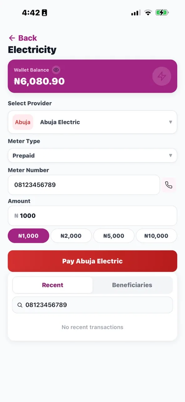 The Mabro app's electricity bill screen