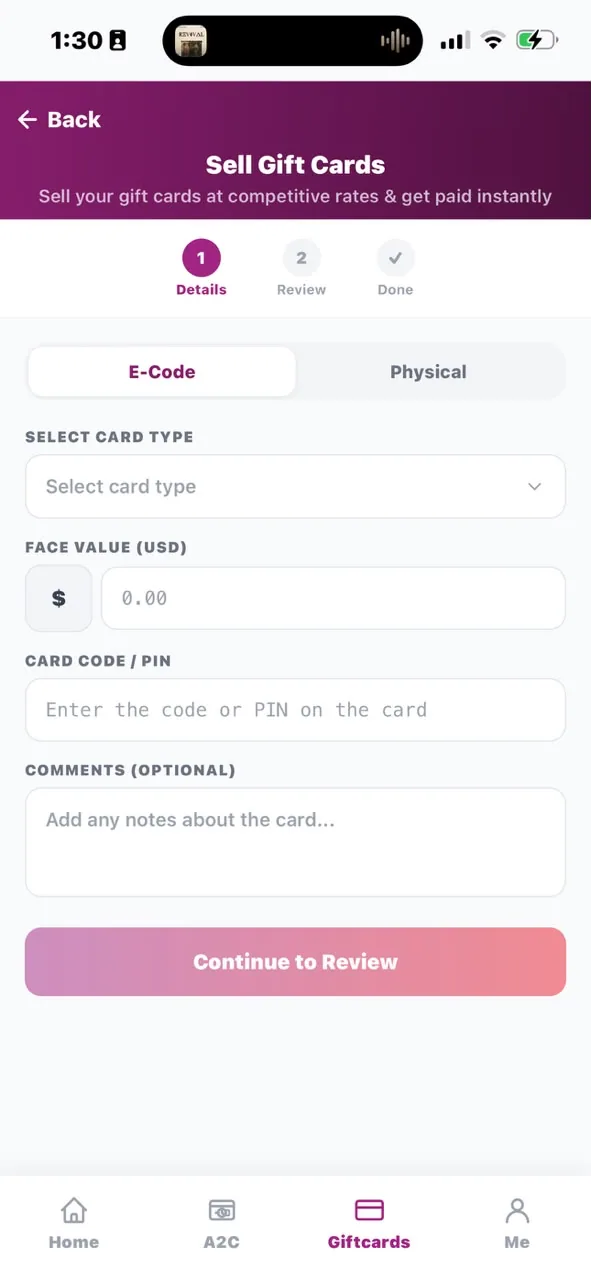 The Mabro app's giftcards screen