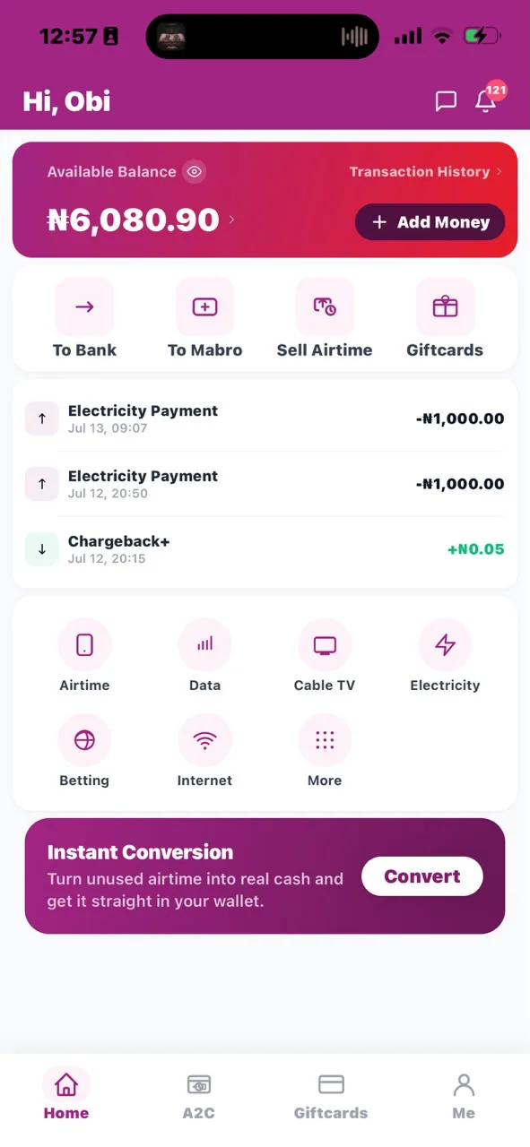 The Mabro app's virtual wallet screen